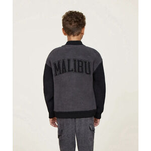 Barefoot Dreams CozyChic Youth Unisex Malibu Varsity Jacket Black Gray Sz 12/14